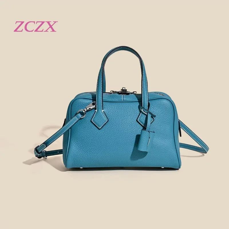 2025 neue echte Leder Damentasche einfache Handtasche Bowlingtasche Kissentasche Umhängetasche