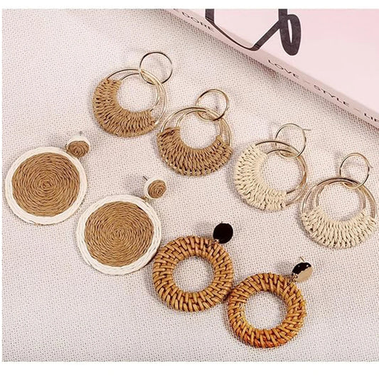 1 ou 4 paires de boucles d'oreilles créoles bohèmes en raphia pour femmes, boucles d'oreilles bohèmes d'été et de plage, boucles d'oreilles rondes pendantes en paille et rotin