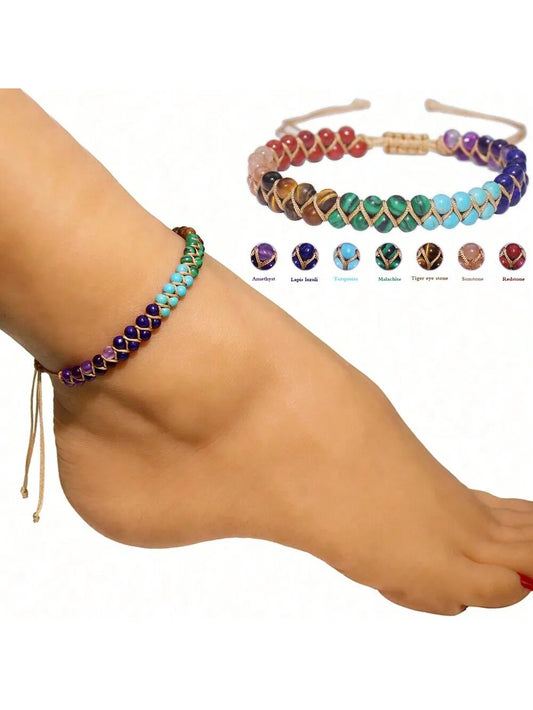 Bracelet de cheville bohème fait main en pierre naturelle avec 7 pierres et double brin réglable pour femme