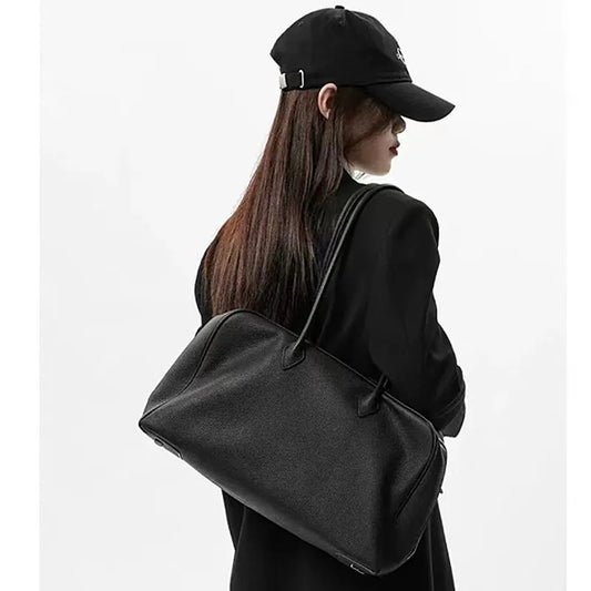 Sacs fourre-tout en cuir véritable pour femmes, sac à bandoulière de haute qualité, style rétro, grand sac Boston, noir, 2024